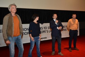 From left to right: Ulrich Eichelmann (Riverwatch) and Theresa Schiller (EuroNatur) of the international Save the Blue Heart team, Blendi Salaj (Albanian journalist and event moderator), Olsi Nika (EcoAlbania, local campaign partner)